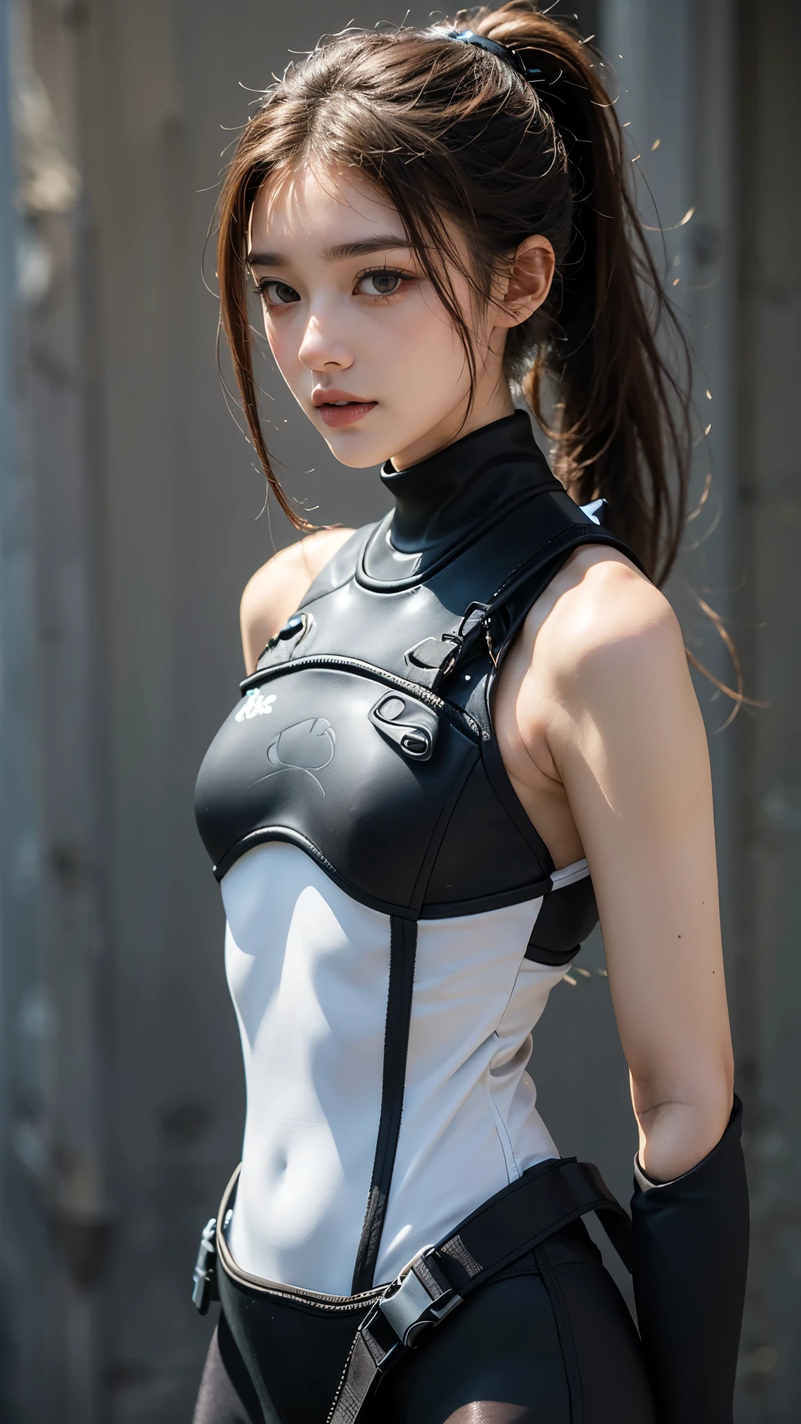 realism, highest resolution,sfw, (Most Absurd Quality ), (Highest Quality Realistic Skin), ((perfect proportions facing Kana)), ((small head), anatomically accurate:1.4), ((firm and rich breasts :1.3)),(Most Absurd Quality perfect eye), ((Beautiful sharp face:1.2), Very Detailed:1.2), (Light skin), (( Clear and unblurry 、sharp, perfect round and realistic dark_eye:1.35), Very Detailed:1.4), Finely Detailed Papyrus, detailed lips:1.3, ( quality improvements:1.4), 1. Lady, supermodel, , perfect anatomy:1.37, smooth lighting, Japanese woman, Cyberpunk Woman, action, gravure, (Easy mask to cover your mouth:1.21), black clothes, ( sleeveless wetsuit :1.37), (High leg suit 1:1), no background:1.1, (Dark eye), Symmetrical eye, thin lashes, Shaping your eyebrows, natural makeup, (flat chested:1.37), ( Slender Lower Body ), shiny brown hair, hang your bangs long, (ponytail hair:1.21), movie light,