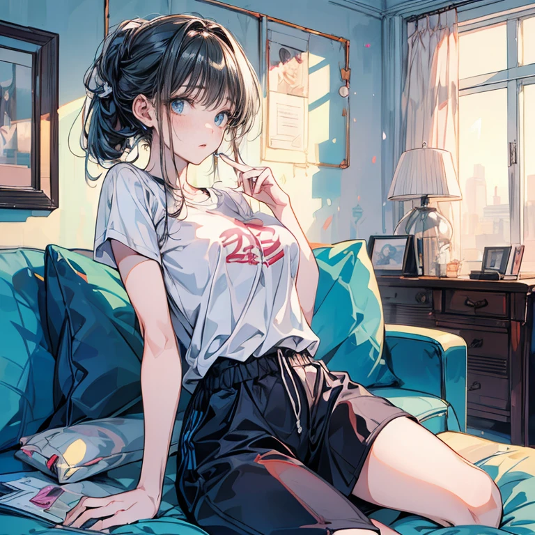 (Best quality, 8k, 32k, Masterpiece, UHD,:1.2),RAW, 1girl,ultra cute , natural lighting,transparent shining eyes, 20yo,medium breast ,fair complexion ,flushed face, dynamic angle, short hair, White sweater, squatting near windows, ((Norwegian Forest Cat at her foot)), Big Cat, Playing with Cat, 