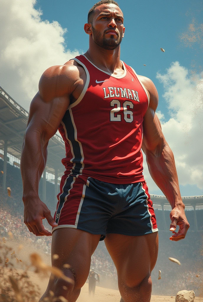 Robust champion man, torso exposed, legs bare from thighs to feet flowing long curls, meticulous muscle definition, lifelike representation, 4K resolution. Background: Stadium filled with cheering spectators,32k uhd, best quality, masterpiece, super detail, high details