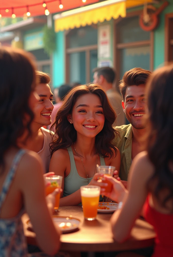 Create an image of a woman in her mid-20s, wearing a casual blouse and skirt, standing near a snack table and holding a glass of soda. The setting includes her laughing and engaging in a lively conversation with a group of friends." The character has long, straight, messy, browns hair, bright yellow eyes, snow-white skin, a perfect and delicate face, she is very beautiful and is 2, make the image in the Pixar style Disney, in 9:16 format.
