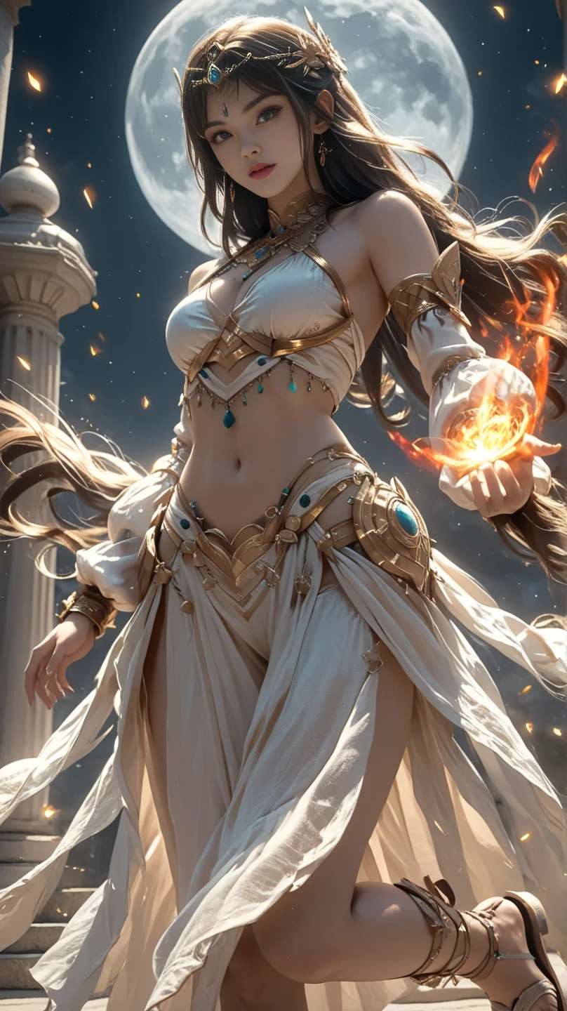 a goddess with very long golden hair, was floating against the background of a heavenly atmosphere, with rays of light. her slender body with big and long legs, smooth white skin, a scarf coiled and floating around her wrist, her hair decorated with oriental ornaments typical of ancient China, her body wrapped in thin ancient Chinese clothing that clearly shows the curves of her body, naked braless see the Nipples