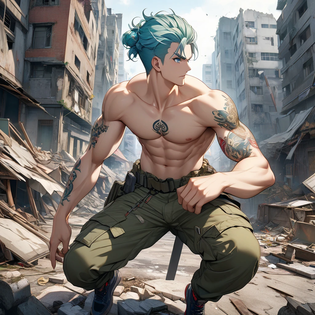 Highly detailed, high quality, masterpiece, (long long shot), 1 man, (leaf green hair, red eyes, shoulder length hair, messy hair, black face masks, bandages on right eye, metal necklace, no sweater , gray baggy pants, a lot of muscles, detailed background, (walking through a mixed battlefield), portrait