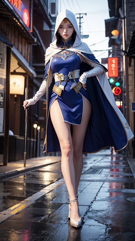 South korea women mystery hooded on with modern royal Blue coat with long and wide sleeves with buttons and royal Blue cape and very high white heel over the knee and white gloves, As she reveals a small secret hidden blade coming from his palm , adding to the character's mysterious and agile appearance, with small movements of air on the cape, jump from roof to roof, in summer at night under the rain,medieval south korea house. sophisticated and highly detailed, ultra hd, realistic, hyper detailed, enhanced colours, ultra sharp focus, with vibrant, rich in details High quality, gorgeous, captivating, 8k, super detailed, stunning shadows, detailed lines, blood stain on coat and gloves, corpses in the street recently murdered