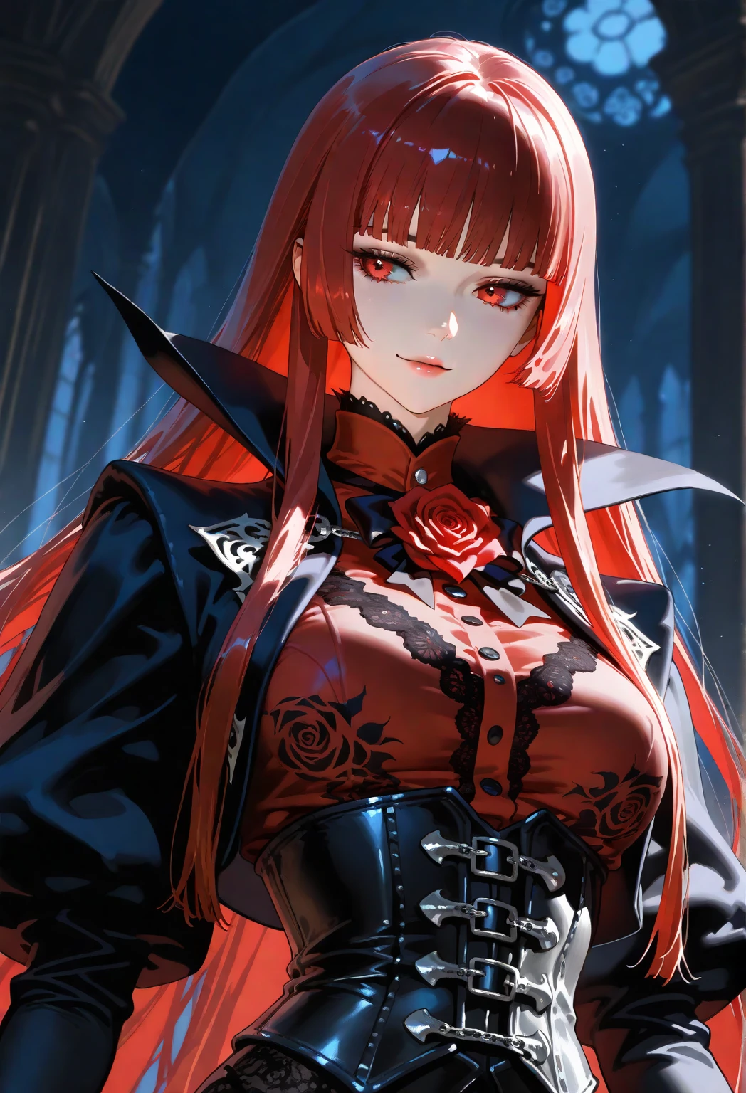 Red-haired heroine with a slightly sideways face, clothes stained with blood, red moon, bat