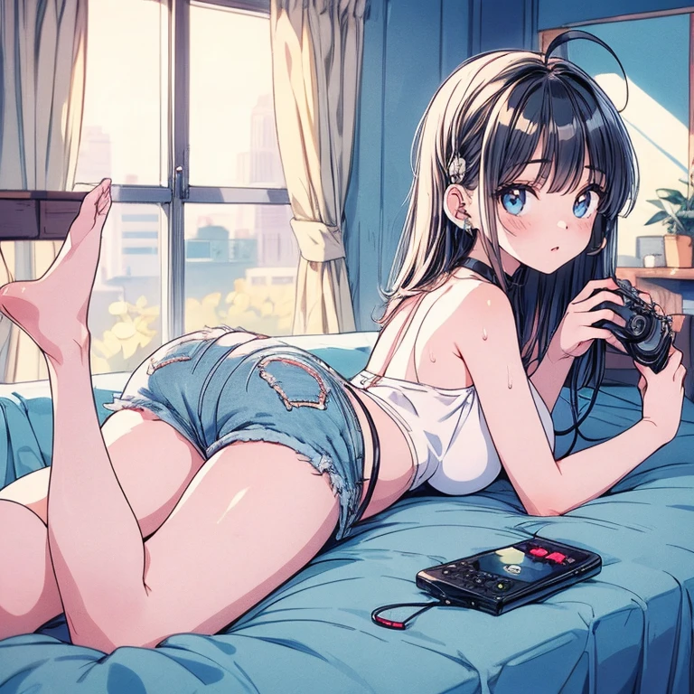 Full body anime kawaii character, beautifully detailed eyes and lips, long eyelashes, soft and elegant expression. A young woman with a slender and graceful figure, wearing a perfect, sexy and elegant thicc body nice sexy appeal, large breasts and butt. Her face is delicate, with gentle features and a serene aura. (Best quality, 8k, High Resolution, Masterpiece: 1.2) a sexy anime girl with denim shorts is lying on the bed and has headphones in, 1girl, solo, black hair, long hair, ahoge, glasses, shorts, lying, ass, holding game controller, controller, flat screen tv, on stomach, sweat, white top, denim shorts, breasts, from behind, short shorts, denim, choker, headphones, black choker, indoors, bare shoulders, headset, window, curtain, not looking at the viewer, looking at the tv, (masterpiece:1.2), (best quality:1.2), (very aesthetic:1.2), (absurdres:1.2), (detailed background:1.1), (masterpiece:1.2), (detailed clothes:1.2), newest, intricate details, ai-generated, uncensored