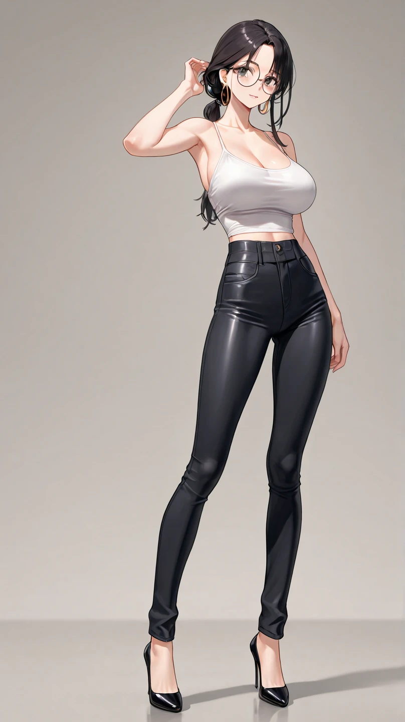 masterpiece, best quality,3d rending work ,3DMM style,close-up, 3D,1girl, solo, black hair, teardropshaped earrings, realistic, (full body:1.5), urban city background, bangs, long straight black hair, parted lips, choker, makeup, (white sports bra:1.4), (red eyes), tifa lockhart, (huge breasts:1.5) enormous droopy breasts, macromastia, cleavage, exposed stomach, toned abs, toned arms, (black miniskirt:1.4) thigh high stockings, red boots,  slim, thin figure,