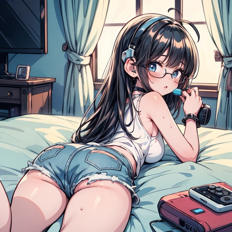 Full body anime kawaii character, beautifully detailed eyes and lips, long eyelashes, soft and elegant expression. A young woman with a slender and graceful figure, wearing a perfect, sexy and elegant thicc body nice sexy appeal, large breasts and butt. Her face is delicate, with gentle features and a serene aura. (Best quality, 8k, High Resolution, Masterpiece: 1.2) a sexy anime girl with denim shorts is lying on the bed and has headphones in, 1girl, solo, black hair, long hair, ahoge, glasses, shorts, lying, ass, holding game controller, controller, flat screen tv, on stomach, sweat, white top, denim shorts, breasts, from behind, short shorts, denim, choker, headphones, black choker, indoors, bare shoulders, headset, window, curtain, not looking at the viewer, looking at the tv, (masterpiece:1.2), (best quality:1.2), (very aesthetic:1.2), (absurdres:1.2), (detailed background:1.1), (masterpiece:1.2), (detailed clothes:1.2), newest, intricate details, ai-generated, uncensored
