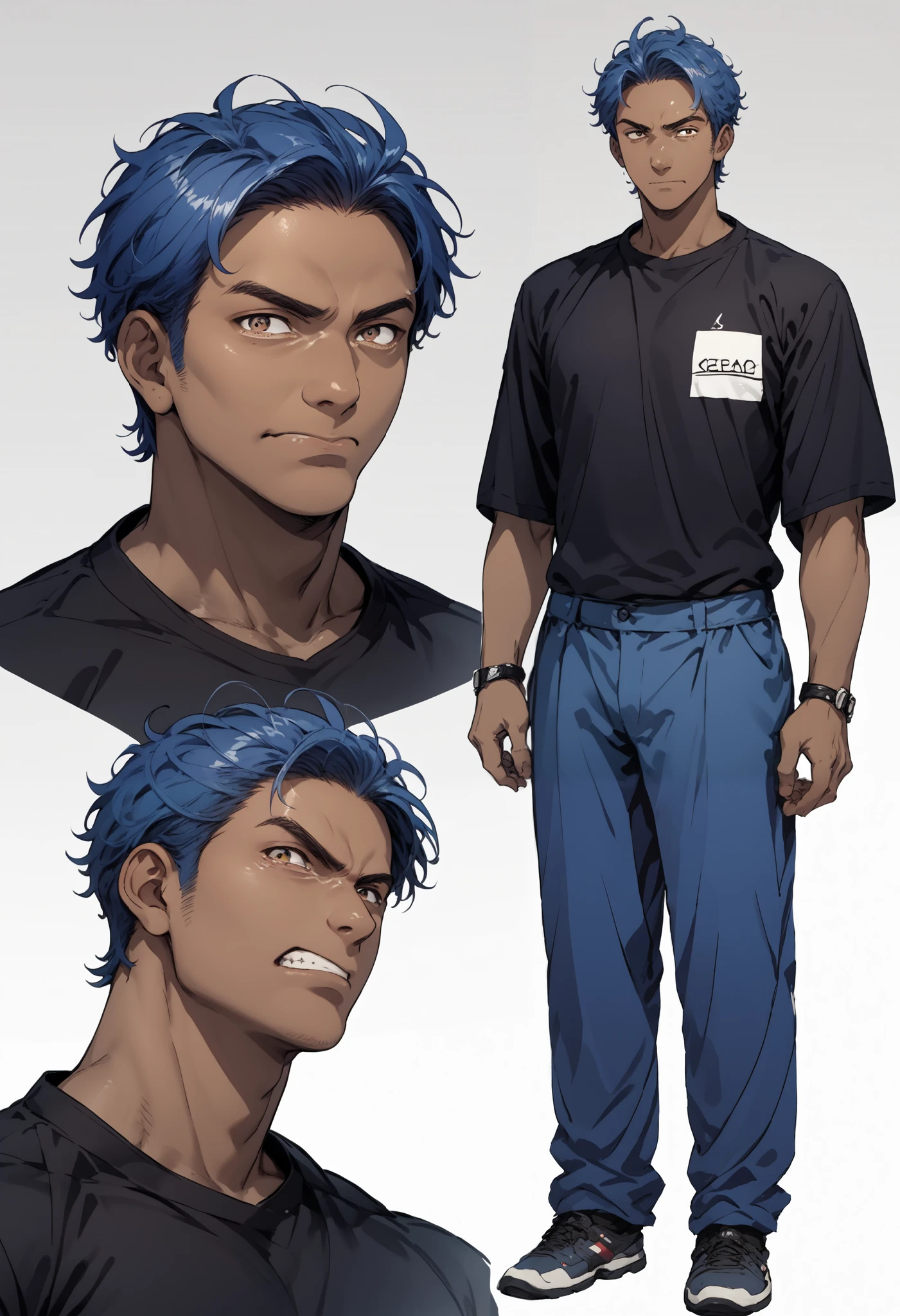 score_9, score_8_up, score_7_up, source_anime, multiple views, male focus, blue hair, dark skin, smile, angry, sad, modern clothes, compression shirt, different outfits, reference sheet, conceptart, full body