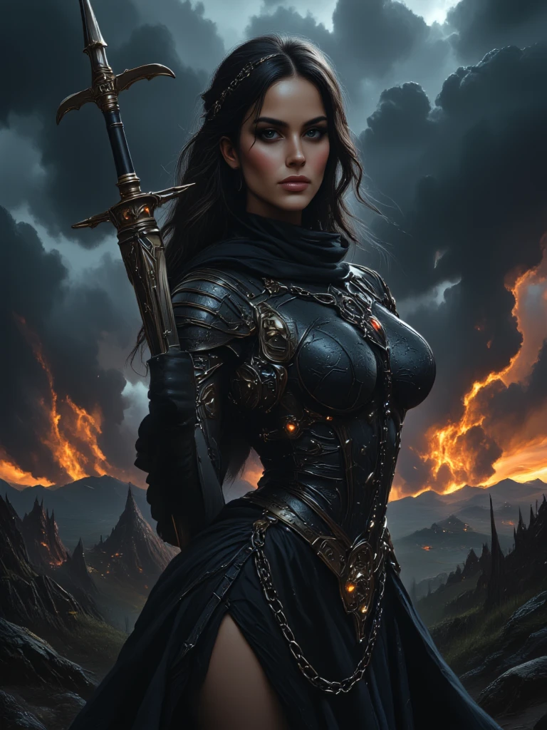 A female Demon Warrior in black and gold colors holding a golden fire AK47 and the name Beta on her chest 