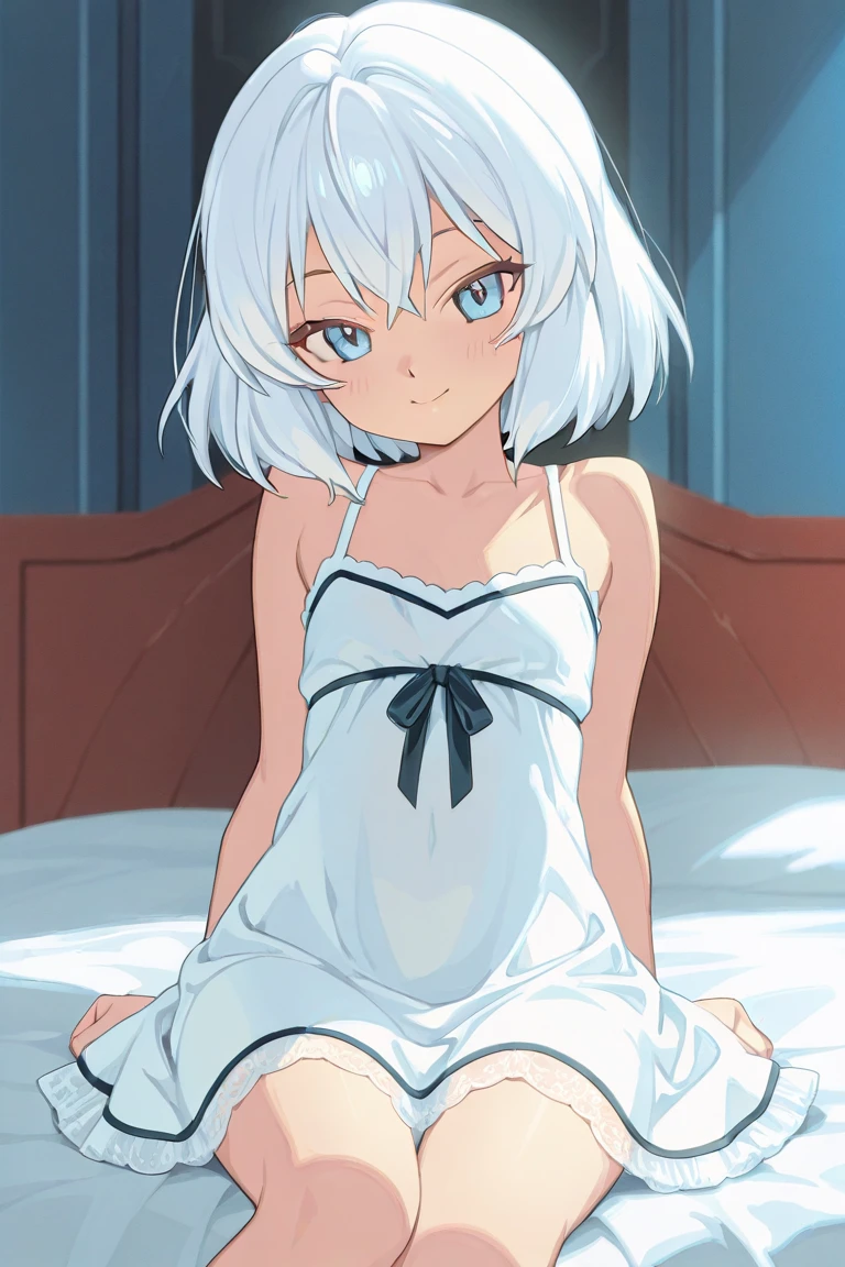 shirakami fubuki,masterpiece, best quality,(((color trace))),looking at viewer,((short stature)),1girl, solo, open eyes,smile,sitting on bed,((((white hair)))),blue panty,blush,blurry,between legs,facing viewer,small breasts,feet out of frame,depth of field,pussy,nipple