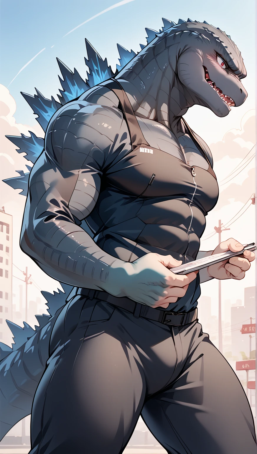 masterpiece, Anthropomorphic black dragon, White belly,There is a pair of beautiful dragon horns.., Black Dragon Scales,1 tail, very muscular body, Nice, Shorts only, office worker　8 toned abs　Great arm muscles　good looking　whole　Face down on the bed　　Pull down your pants　Between the legs　　　Long trousers