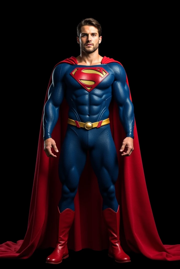 a classic superman, comic style, muscular male superhero, chiseled jawline, piercing blue eyes, short dark hair, heroic pose, red and blue costume, flowing cape, powerful stance, bold comic book colors, dynamic action, cinematic lighting, detailed texture, hyper-realistic, (best quality,4k,8k,highres,masterpiece:1.2),ultra-detailed,(realistic,photorealistic,photo-realistic:1.37),dynamic action,cinematic lighting,vibrant colors