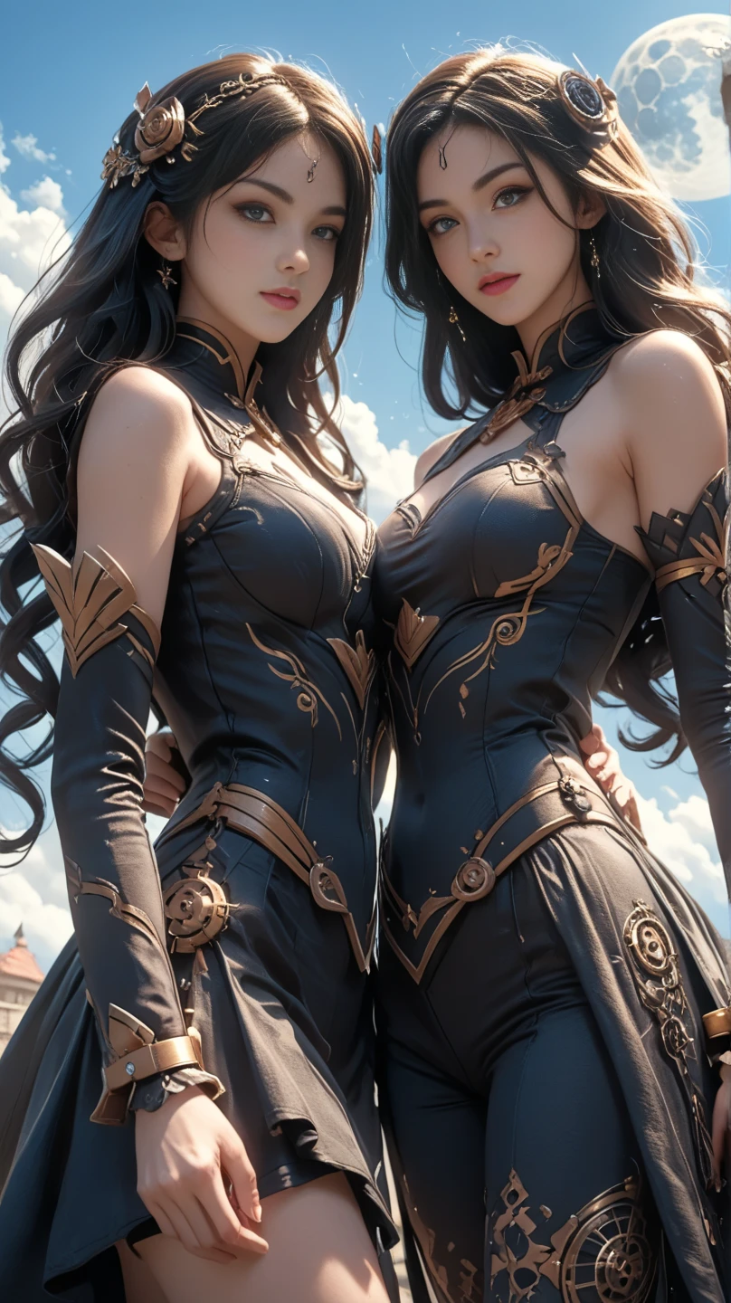 [female paladin]::2,female cusader,twin ([Zweihänder])::1 on back crossed,
dual wielding swords ,[Heterochromia:2]::2,one grey eye, one green eye,white hair or black hair, bangs, curly hair,
hair twin buns, halo, crescent hair ornament, heart-shaped pupils, heterochromia, moon crescent accessories,
paladin fantasy armor black with silver accents, silver crescent on armor, 
crescent earrings, scowl, neck choker, black fabric neck choker with heart cutout,leather thigh garter,thigh garter
Background :aurora borealis , stars, purple nebula, (night:1), white temple at night, waxing crescent, moon ,high detail, Hyperrealism,
modern, cinematic lighting, ray tracing, reflection light, god rays, UHD, super detail, high details, high quality, textured skin,
award winning, best quality, highres, 16k, 8k, masterpiece, retina,Ultra realistic,Extreme Detail