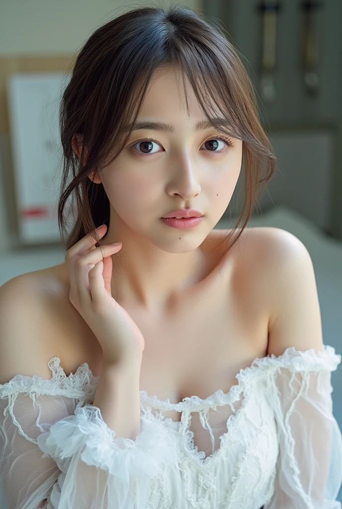 (8k, RAW photo, highest quality, masterpiece: 1.2), Super detailed, super resolution, (genuine, genuine photos: 1.37), portrait, High-definition RAW color photo, professional photos, 非常に詳細で美new, very detailed, 8k wallpaper, amazing details, huge file size, official art, very detailed CG Unity 8k wallpaper, very detailed beautiful girls, very detailed facesHighly detailed eyes, Very fine skin, very detailed fingers, very small nose, very detailed detailed mouth, perfect anatomy, detailed background, fine clothes,20th generation, cute girl, genuineistic body,  white skin, glowing skin,  (dull bangs: 1.2), smile, cute, like々new, cute face, genuineistic face, delicate eyes, sagging eyes, (Super mini scarf ruffle dress costume 1.2), earrings, necklace、looking at camera, dynamic lighting, G cup breasts,big breasts、(I can see your pants 1.2)、panty shot、(European style canopy bed 1.2)、(dynamic dance pose 1.2)、(white theme 1.2)、