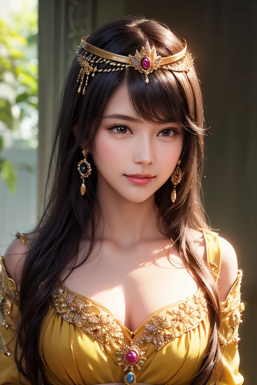 (highres, ultra-detailed, realistic:1.37), aerith, final fantasy, beautiful body, beautiful detailed eyes, detail-oriented nose, luscious lips, long flowing hair, radiant smile, elegant crown, royal attire, intricate jewelry, graceful pose, enchanting expression, majestic castle in the background, vibrant colors, soft lighting, regal atmosphere, atmospheric perspective, stunning landscape, floating clouds, magical aura, timeless beauty, intricate patterns, ethereal ambiance, striking contrast, dreamlike quality, cinematic composition