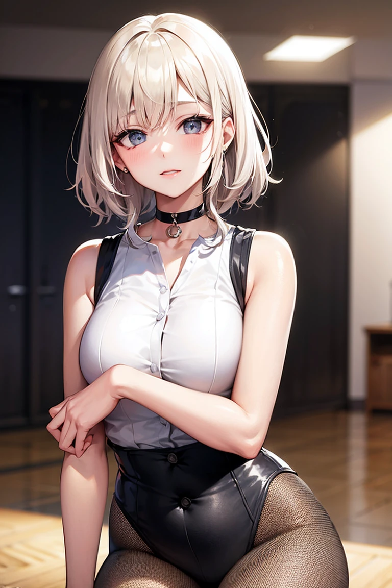 Close-up of a woman with tattoos on her chest, girl, Short white hair with bangs, Black strands of hair, Purple eyes, White T-shirt and white cape, Pendant around the neck. 超High resolution.Photorealistic. 超High resolution.Photorealistic:1.4,超High resolution. Realistic,High resolutionで, masterpiece, Highest quality, Very detailed, Better Shadows, Volumetric lighting), super high quality, High resolution, 8k, Ultra-Realistic Portraits , Photorealistic, Dynamic Lighting, Volumetric lighting, Very detailed顔,(NSFW:0.8)