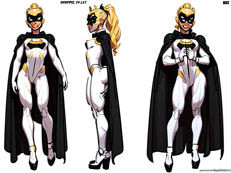 ((masterpiece)),(((best quality))),((character design sheet)), ((full body view)) illustration,1girl, muscular, ((blue and gold bodysuit:1.6)), (masked over eyes:1.6) (gold and black color palette:1.4) superhero, (black ponytail:1.4), (puffy lips:1.6) (black cape:1.4) beautiful woman, (small breasts:1.3)(black legs:1.3)shiny skin, (gold emblem on chest:1.2),scribbles and marks, rough sketches, pose, 8k,16k, (simple background, white background: 1.3)(gigantic breasts:1.0)