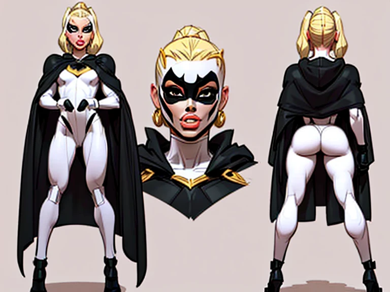 ((masterpiece)),(((best quality))),((character design sheet)), ((full body view)) illustration,1girl, muscular, ((white bodysuit:1.5)), (masked face:1.4) (masked eyes:1.5)(masked mouth:1.5) (bdsm latex hood:1.4)superhero, (black ponytail:1.4), (black cape:1.4) ((detailed face:1.4)) beautiful woman, (small breasts:1.3)(black legs:1.3)shiny skin, (gold emblem on chest:1.2),scribbles and marks, (puffy lips:1.5), (full lips:1.3) big lips, detailed lips, rough sketches, pose, 8k,16k, (simple background, white background: 1.3)