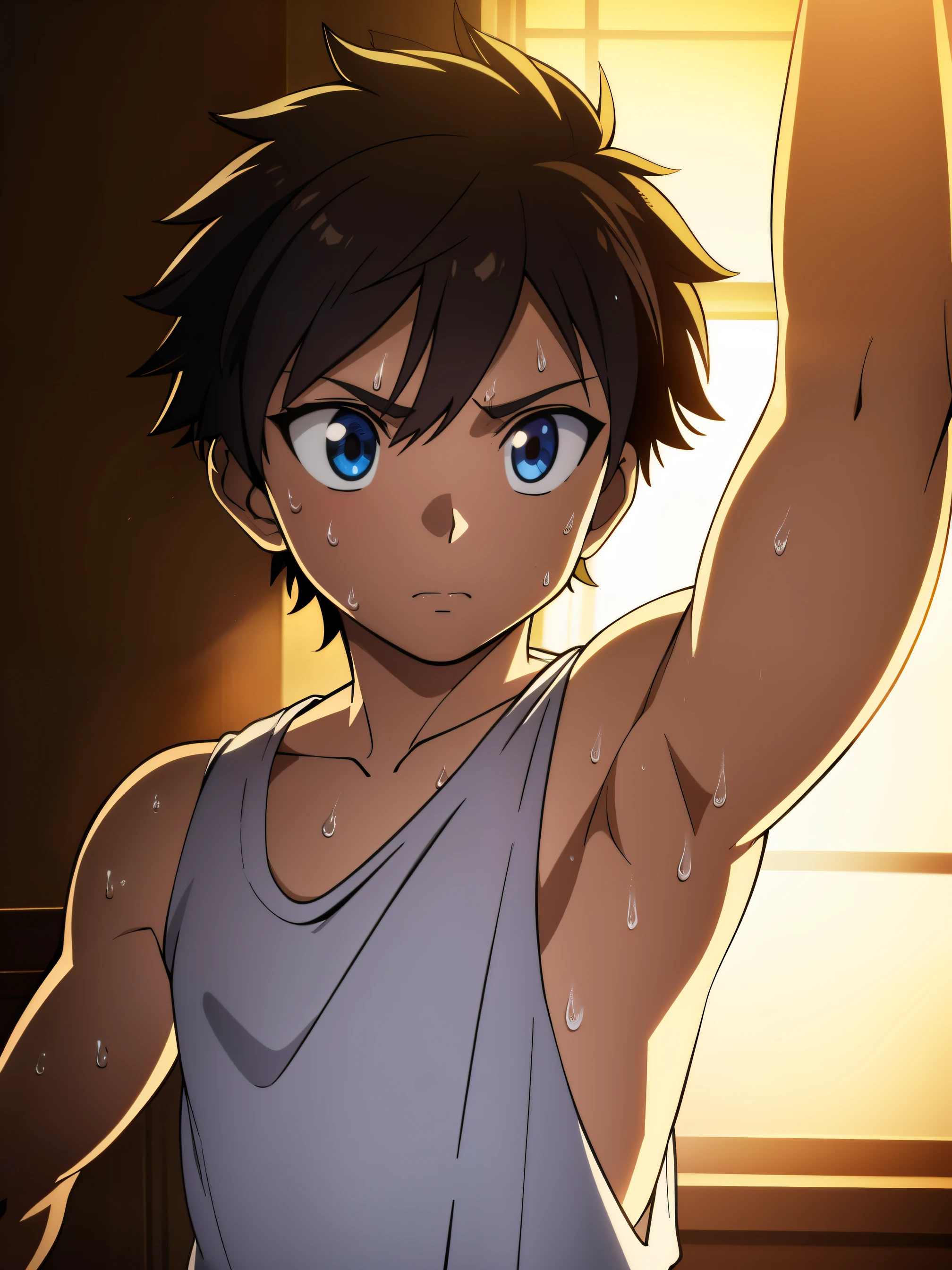 masterpiece, 1 young boy, shota, tank top, Showing armpit, photorealistic, hyperrealistic, highly detailed, 8k, intricate details, chiaroscuro lighting, dramatic lighting, detailed facial features, expressive eyes, natural skin tones, sweat glistening, detailed fabric texture, studio lighting, cinematic composition, moody atmosphere, warm color palette, golden hour