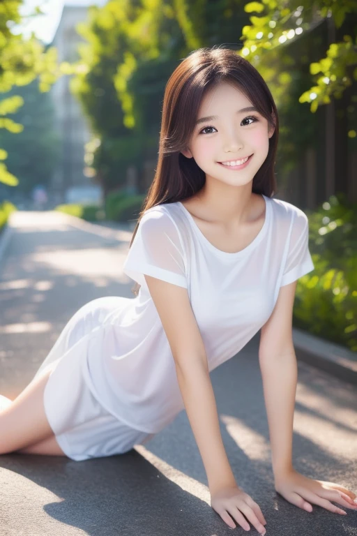 nfsw,(RAW Photography:1.2)、top-quality、a beautiful detailed girl、squatting、extremely detailed eye and face、beatiful detailed eyes、huge filesize、hight resolution、8k wallpaper、finely detail、Raw photography,, Drenched T-shirt and mini skirt in heavy rain, The t-shirt is wet and、Underwear can see through, Shy smile、Wet from rain all over the body、Cross your arms behind your back、Highly detailed uniform 8k wallpaper、Light on the face、Movie Lighting、26-year-old woman、sexy pose、(photorealisim:1.4)、super detailing,ポニーテール,from front