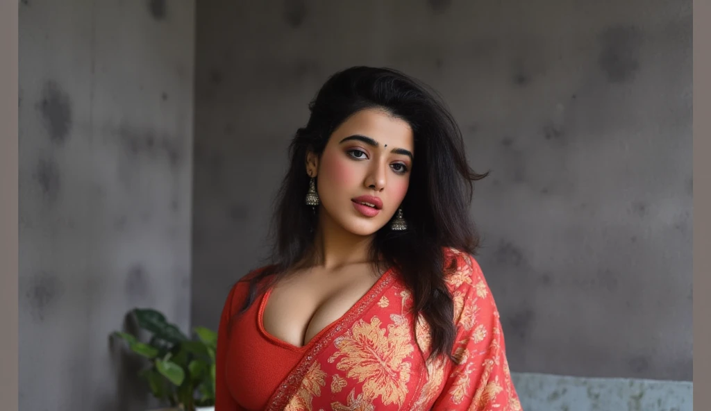 Indian busty gorgeously prettiest lady(face lookinlike Indian actress(beautiful face, beautiful nose, beautiful eyes, beautiful lips, beautiful navel,very large gigantic breasts,)) wearing saree. She is wearing Indian saree blouse, her huge large gigantic beautiful breasts Coming out of her blouse but she is very shy. She is giving intimate look. Her she is showcasing her deep huge cleavage of huge saggy breasts lying on bed sleeping. Real skin texture. Real clothes, She is real Indian housewife, Full body photo, full picture. Her facial details are exceptionally perfect realistic. She is smiling softly. Her lips are perfectly crafted. Very shy sexy mother lying on side on bed. Shebhas voluptuous breasts. Mother is getting aroused by sexual intimacy. She is giving sexy pose. Her natural large breasts are so beautiful.