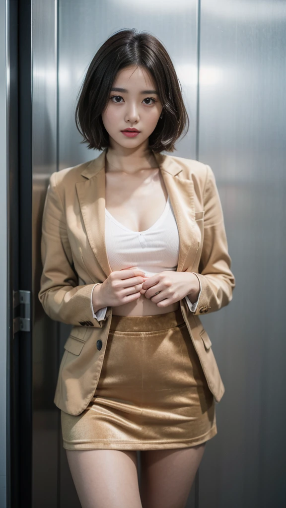 (1girl:1.3), Masterpiece, Best quality, amazing beauty, 4K, absurdres, finely detail, super detailed eye, perfect anatomy, official art, cinematic lighting, BREAK, room, silky bob cut, black hair, super shiny detailed brown eyes, Staring Intently, toothless smile, BREAK , big breasts, white skin, pale skin, hand on hip, full body, BREAK , (business suit:1.2), (Mini skirt:1.2), BREAK,()				