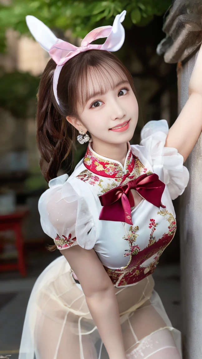 (High resolution photos, bust, 1 girl, 28 years old, woman, Facial details, Baby fat, Waist Accessories, Hand in hand, smile, Teeth are not very visible, White skin, Upper Body, Chinese traditional clothing, Model pose, Studio Lighting)
