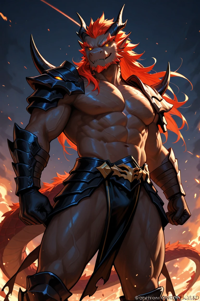 (by null-ghost), (demon lord dragon batzz), anime, dragon, scalie, female, muscular female, red eyes, mohawk, markings, tatoo,1.4, clothed, horn, claws, huge breast, curvy, full body, abs  particles,(best quality),(masterpiece),(ultra detailed),sharp focus, sharp teeth, spiky hair, Big upper Body, Broad shoulders