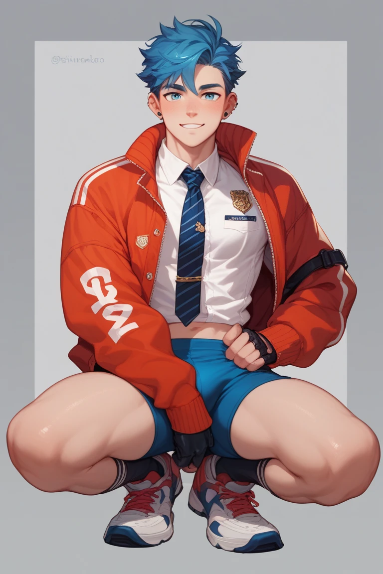 ((Best quality, 8K, ultra - detailed, Master parts: 1.3)), First grade, shiny skin, Sharp, Perfect body beauty, Perfect body shadows realistic, (Cute baby face:1.1),("underwear, large bulge ":1.2),(Dynamic pose:1.1), upper legs , Wearing a white smiley face，Wearing a hood