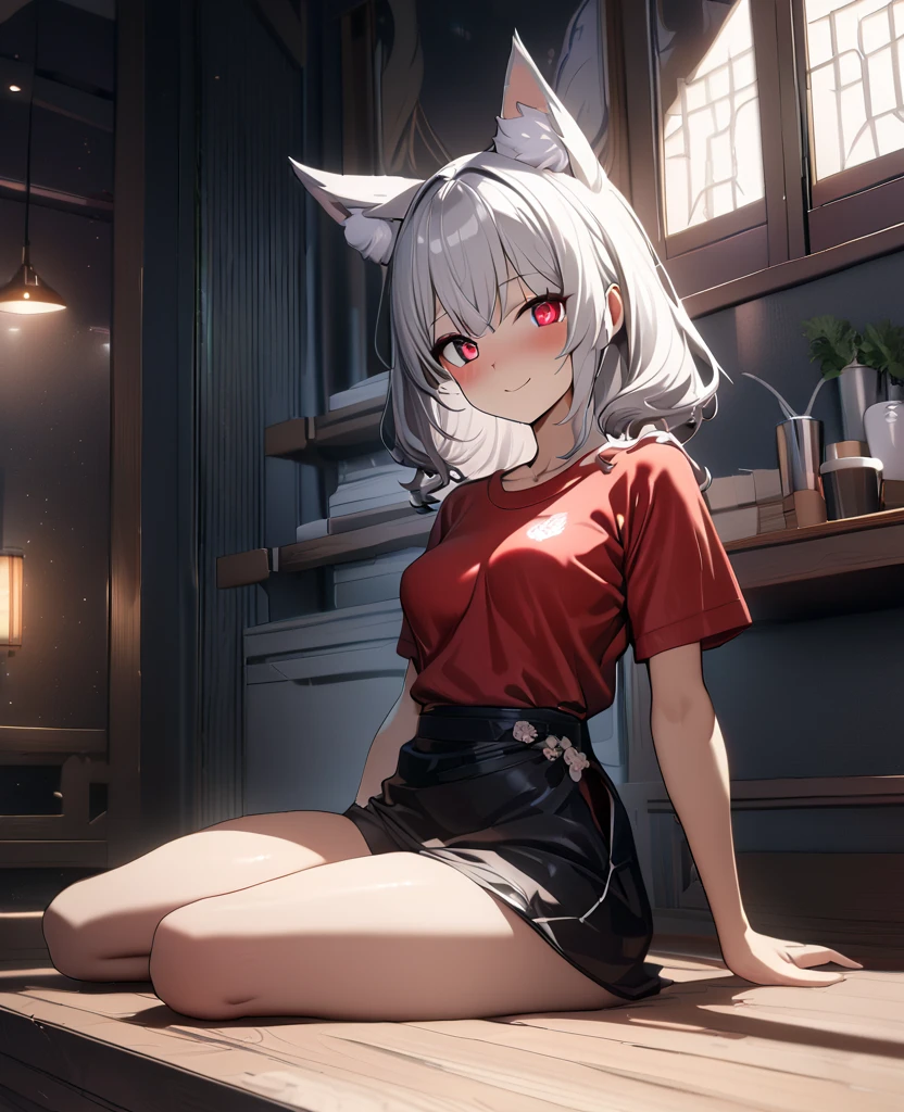 neferpitou, short hair, (red eyes:1.5), full body , dress, animal ears, white hair, shorts, cat ears, cat tail, curly hair, (small breast:1.2), BREAK looking at viewer, BREAK outside, BREAK (masterpiece:1.2), best quality, high resolution, unity 8k wallpaper, (illustration:0.8), (beautiful detailed eyes:1.6), extremely detailed face, perfect lighting, extremely detailed CG, (perfect hands, perfect anatomy)