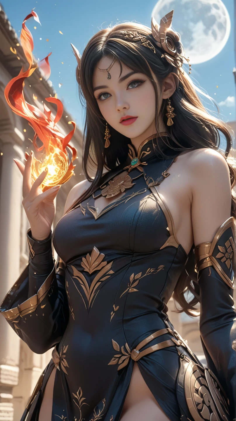 (master piece:1.8), (best quality:1.8), (exquisite lighting and shadow, highly dramatic picture, cinematic lens effect) 8k, wallpaper, looking at the viewer, open arms, female ponytail gold hair thin and short fantasy witch wearing a smooth and futuristic black mini dress with gold ornaments and gold lines, thin waist, hips, red ribbon in waist, beautiful blue eyes, beautiful lips, beautiful smile, shiny red flame behind, clouds and sky background, ethereal lightning, sharp focus
