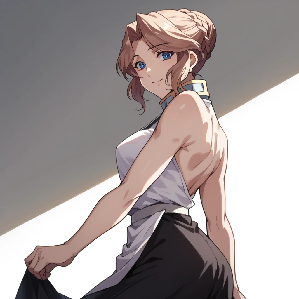 score_9,score_8_above,score_7_above, Ravin Darkholms, Alone,White background,deportes biin, spaghetti strap,neckline,Big_sinos,looking_in_viewer,wide, High ponytail, Gray pants,yoga pants,Your pants,high waistband,hindidura lateral,thick thighs,losa sintada,fashion dress