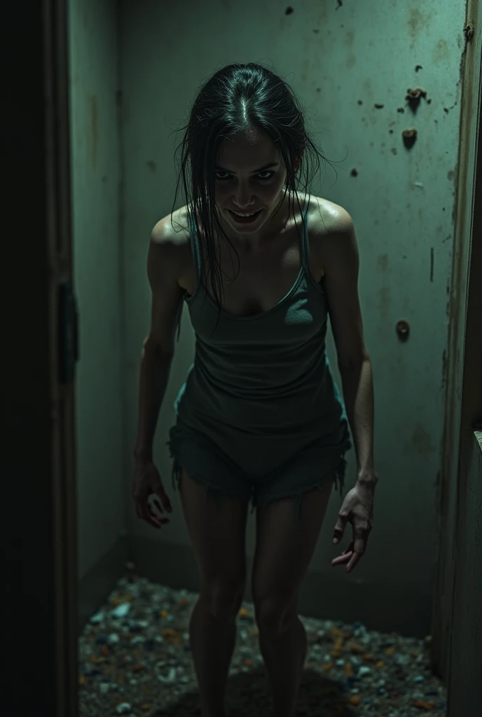  photo selfie of a 25 year old getting possessed. Levitating off the ground, pupils and iris are gone, shaking movement, foaming from the mouth, lights breaking around. Creepy, horror. Realistic, insane, realism, micro realistic