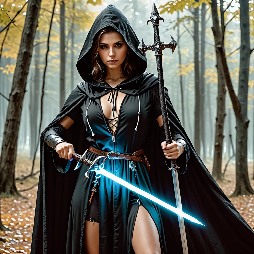 beautiful hillary swank in hood, Two Swords in Hand, holds two daggers with his hands like a phantom assassin in manifold paradox, full-length general plan, head, large breasts, transparent bra, beautiful waist, life, Navel, legs, hi-res, detailing, dark place