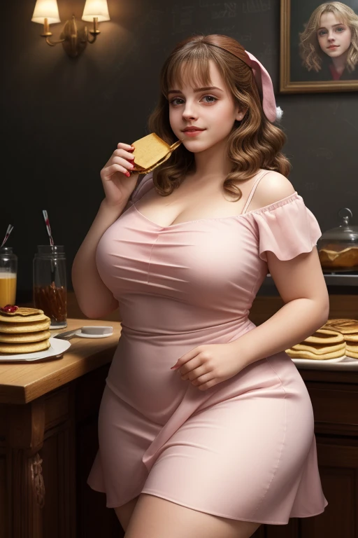 masterpiece, (photorealistic), (8k) , (best quality), perfect quality, solo, (detailed eyes:0.9), girl, red short curvy hair, very young, face : (very young, European, eating muffin, very beautiful face, young). figure : (very full figure, curvy, chubby belly, very chubby, fat rolls, fed up, big deep navel, very soft, big breasts, sexy, sexy pose, fat thighs). clothes: (tight red dress, ripped on side dress, ripped red tights ).