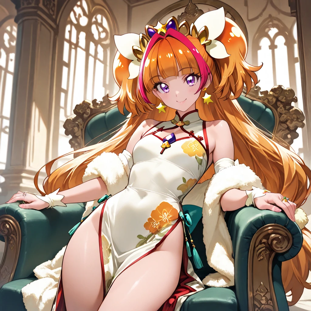 Hi res, masterpiece, 8k, NSFW, (kagamine rin | virtual singer), (massive tits: 1.6), (orange long queen dress: 1.4), (white lace stockings: 1.4), (white high heels: 1.4), (diamond crown: 1.4), in a throne room, with red drapes on the wall behind her, (sit with crossed legs on a luxurious gold throne: 1.4), (holding a luxurious floding fan: 1.4), erotic face, erotic smile, erotic gaze, partially closed eyes, looking at the viewer (front view: 1.4)