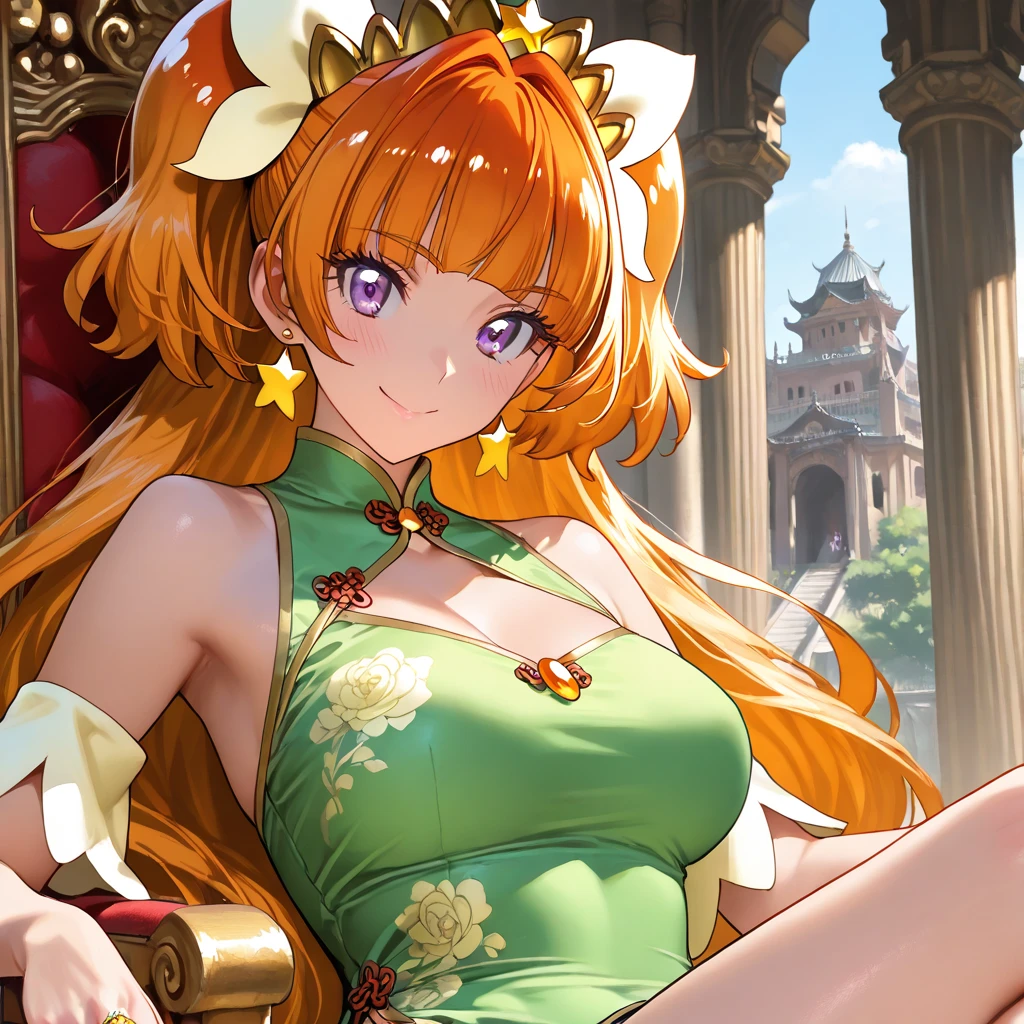 uzumaki_kushina, large_breasts, standing, solo, kushina_green_dress, masterpiece, best quality, detailed face, detailed eyes, highres, smile, (masterpiece:1.4, best quality:1.2), (Highres), (Detailed Illustration), Ultra-Detailed, konohagakure, uzumaki_kushina, kushina_green_dress, standing straight, looking in front,