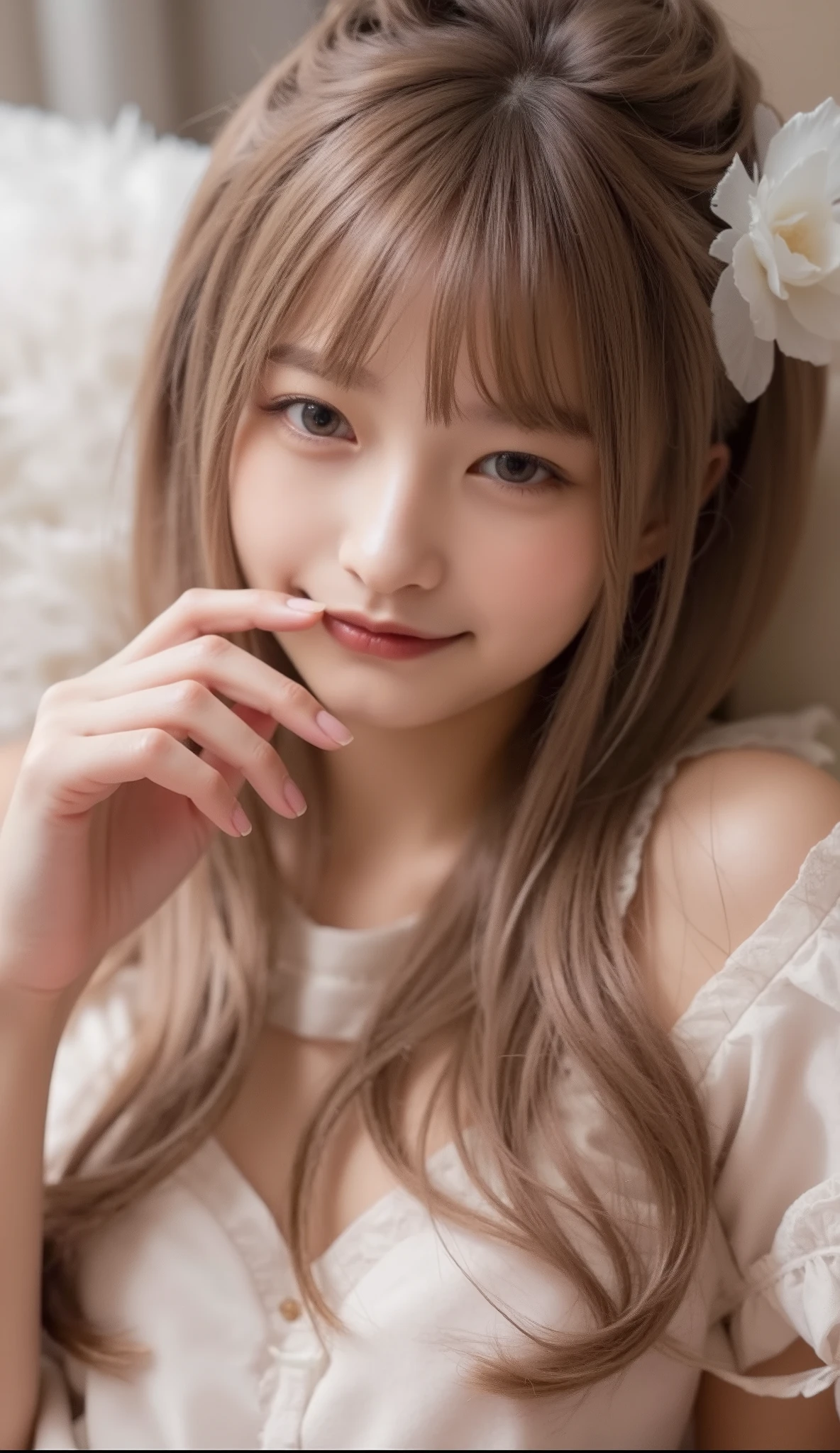 (((Nude of a beautiful young girl))), slender body line、Small beautiful breasts, detailed hands、perfect right hand、Perfectly correct anatomy