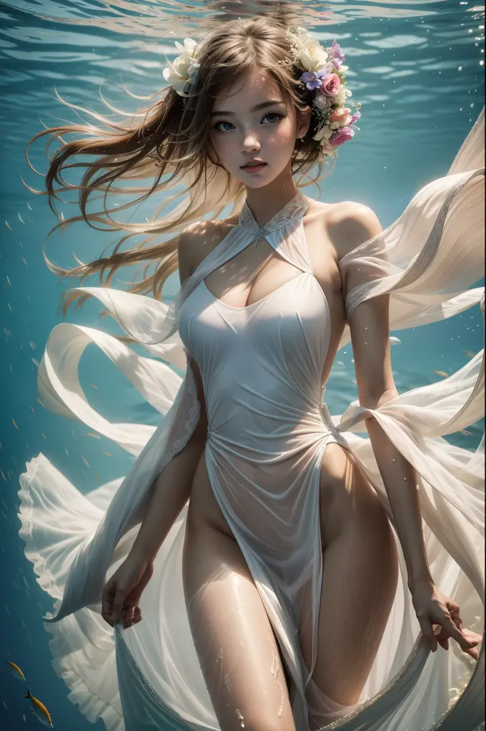 a beautiful woman,goddess aphrodite,emerging from the sea,ethereal and graceful form,flowing hair,adorned with pearls,translucent flowing gown,sunlit serene seashore,gentle waves,blooming roses,cinematic lighting,dramatic composition,high quality,photorealistic,8k,detailed painting
