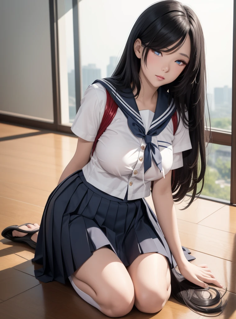 very cute and beautiful girl,(highly detailed beautiful face),
(seductive smile:1.2),blush,shy,looking at viewer,serafuku,pleated navy blue mini skirt,
black hair,sitting on sofa near elevator hall of small hostel,bag on floor,
(best quality,masterpiece),absurdres,highres,ultra-detailed,extremely detailed,32k,8k resolution,
intricate details,cinematic scene,detailed background,solo,dynamic angle,