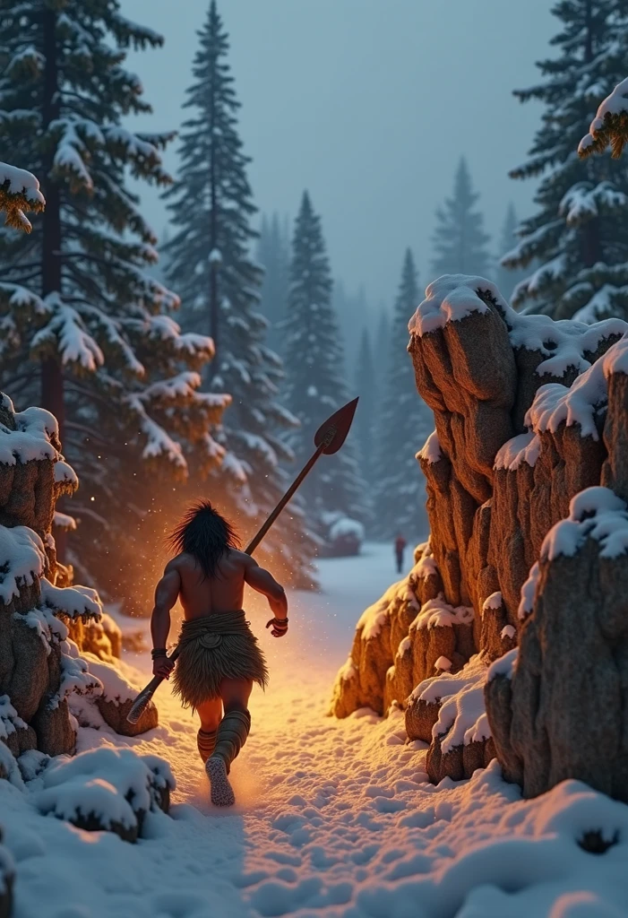 A caveman coming out of a cave, early winter, minor snowing, tree, cloudy sky, painting, dramatic lighting, HD, masterpiece, high quality,