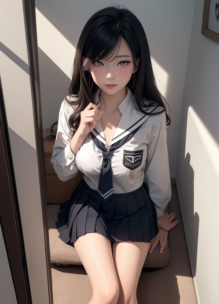 Photorealism、Highest quality、Ultra-high resolution、Browsing Caution、Girl in uniform sitting on bed、Low angle shot:1.5、M-shaped feet:1.4、She opened her legs wide:1.5、Sit with your knees bent and your legs apart、((Showing panties:1.5))、A sexy look for the camera、((Blonde))、((pink silk panties))、Panties close up:1.4、Light blue shirt、Dark blue tartan check pleated skirt、Dark blue socks、A cute and beautiful face down to the last detail、(Purelos Face_v1:0.008)、Brown eyes、eyeliner、blush、Embarrassing、Glare、 Glossy Lips: 1.4,  impatience、It was scary、Glare、Panty Appeal、Panties close up:1.3、blush、はAre crying、Are crying、Open your knees、Spread your legs、Disheveled clothes、dressing、Medium Long Hair,In the bedroom、Anatomically Accurate human body、Perfect Arms、Perfect hands、Perfect Fingers、Perfect Legs、Accurate human body
