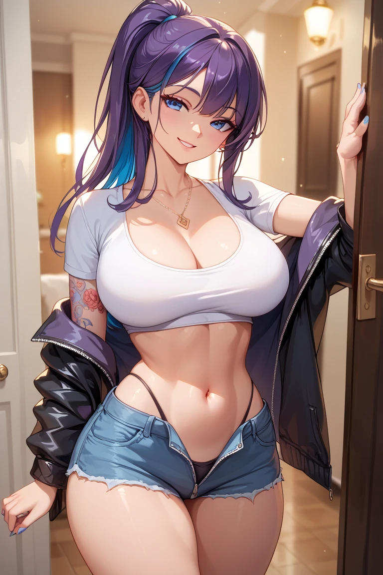 (large breasts 1.4), extreme cleavage, deep cleavage, beautiful woman, ((purple hair: 1.6, straight with shine)), bright blue eyes, bright eyes, double eyelids, light effect on eyes, detailed irises, body sexy, slim body, off-shoulder, strapless sweater, choker, tiny denim shorts, sandals, ((stylish cropped top details, micro denim shorts, edgy sexy, Beautiful and cool, shorts)), cleavage, ((work of art, hyper-realistic, hyper detailed, Best quality, 16k, light and shadow on skin, vivid colors), eyeliner, Thin eyebrows, Sensual expression, perfect lips, innocent and sexy face, ((skin with light and shadow) flirting with the viewer, lots of freckles, full lips, extreme blush, smile, living room background, near the window, sunset, late at night, rays of light, masterpiece,