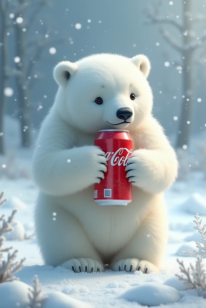 Create an image of a happy and satisfied polar bear with a bag of ice and his soda on the side