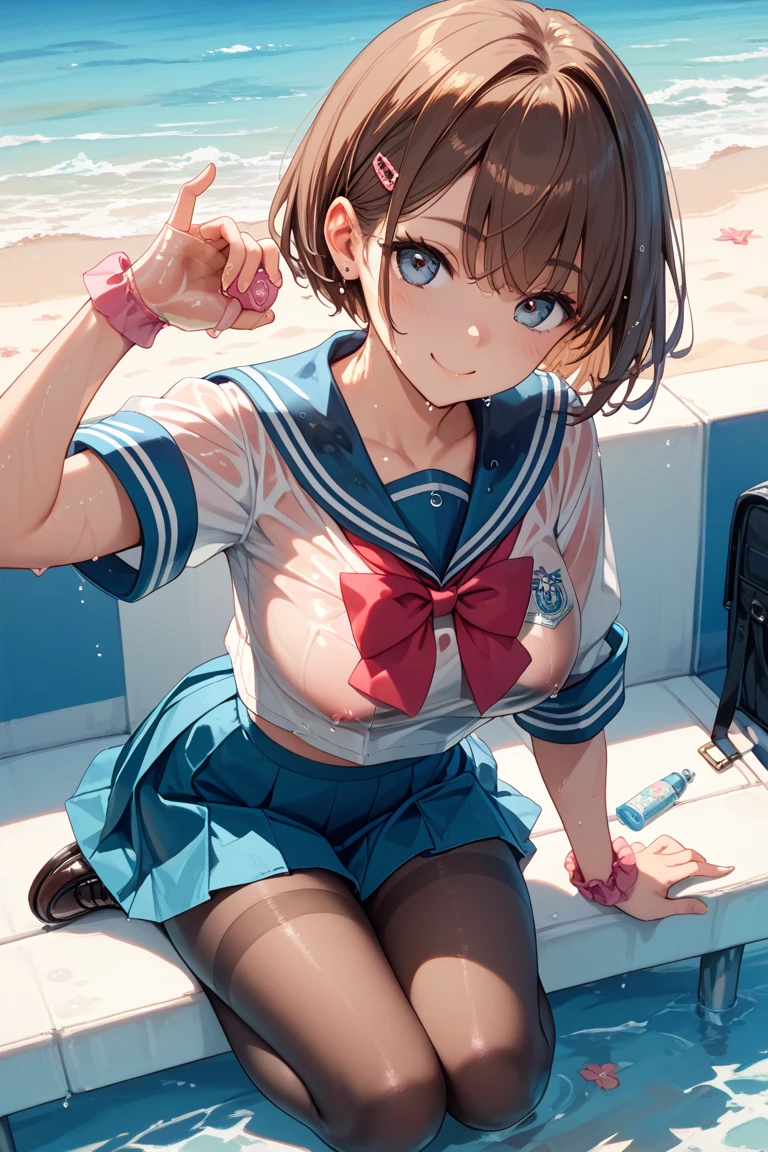 (((masterpiece, highest quality, High resolution, 超High resolution, Perfect Pixel, Depth of written boundary, 4K, RTTX 10.0))), Beautiful Anime Woman, Beautiful art style, Anime characters, ((Smooth texture, Realistic texture, Anime CG Style)), Exact finger count、Exact number of legs、(Exact number of arms:1.0, Exact number of hands:1.0), (Perfect hands, Perfect Anatomy), Cinematic, Realistic, Extremely detailed CG, Daytime lighting, Perfect lighting, Best Shadow, The best natural light, whole body, Perfect body, (Slender body:1.2), ((Long Hair, bangs, Dark brown hair, Stylish hairstyle, Bobcut)), ((1人のcute女性は自分でスカートをめくりながらセクシーにポーズをとっている:1.6)), ((Alone:1.0)), beauty, cute, (Fashionable white shirt, Sailor collar, Pleated mini skirt:1.3), ((セクシーでcute青レース下着), (Stylish shiny blue satin side-tie panties:1.3), (Thin panties:1):1.3), (Beautiful and big breasts:1.2), (Beautiful and thin thighs:1.3), Feeling embarrassed, (blush:1.2), (Very embarrassed look:1.4), (At an outdoor amusement park, Ferris wheel and amusement park behind, Happy people in the background々:1.3), whole body, Angle from the front