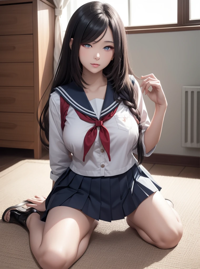 (((masterpiece, Highest quality, High resolution, 超High resolution, Perfect Pixel, Depth of written boundary, 4K, RTTX 10.0))), Beautiful Anime Woman, Beautiful art style, Anime characters, ((Smooth texture, Realistic texture, Anime CG Style)), Exact finger count、Exact number of legs、(Exact number of arms:1.0, Exact number of hands:1.0), (Perfect hands, Perfect Anatomy), Cinematic, Realistic, Extremely detailed CG, Daytime lighting, Perfect lighting, Best Shadow, The best natural light, whole body, Perfect body, バランのとれたPerfect body, Perfectly balanced style, Slender body, ((Long Hair, bangs, Reddish brown hair, Twin tail hairstyle)), ((A cute adult woman is holding her panties in her hands and showing them, presenting parties:1.8)), ((Sailor suit tops, Sailor collar, White shirt, Navy pleated mini skirt:1.3), (Sexy and cute white panties 1.3), (Knee-high socks:1.3):1.3), (Beautiful big , :1), (Embarrassed expression:1.5), blush, (School classroom, Desk and chair in the background:1.3), Angle from the front