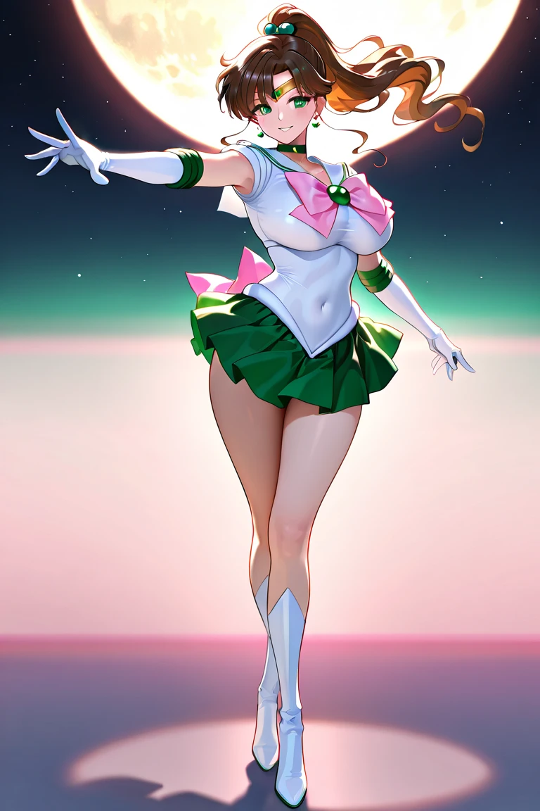 Pose de modelo sexy, Realistic, Foto Ultra-Micro, extremely high quality, ultra-detalhado CG unidade 8k papel de parede, ((Tiara dourada luxuosa na testa: 1.4, mini Saia plissada verde brilhante: 1.2, Mini green pre-gate skirt: 1.1,sem manga,luvas verdes nos cotovelos: 1.1, Verde Grande Cor, colarinho de marinheiro verde, Broche verde)), de baixo, detalhe intrincado, (1 female), 20 anos, (sailor Jupiter, olhos verdes, rabo-de-cavalo, Tiara, jewelries, Uniforme Sailor Senshi, colarinho de marinheiro verde, gargantilha, Bosques de Cotovelo, luvas brancas, Broches, malha branca, saia verde, Saia plissadas), cabelos castanhos incrivelmente longos: 1.2, brilhante bonito liso cabelo castanho longo: 1.2, Jupiter sailor uniform, (Uniforme Sailor Senshi, bare arms: 1.1, Long white latex gloves with luxurious golden decoration: 1.3, gargantilha verde, Decote sexy ousadamente grande, Brincos dourados em forma de anel, Bright green long boots with luxurious golden decor), (very thin white holographic leather and apt high gloss: 1.3), Avante de gravete de pernas altas ousadas e sexy, (Postura de luta),
((sorriso sedutor, cara muito bonita, cabelos marrom, Detalhes do rosto: 1.5, olhos verdes brilhantes, beautiful face, olhos bonitos, olhos brilhantes, thin lips: 1.3, fino, Sharp, pale eyebrows, long dark eyelashes, Double eyelashes)), Luxuosas asas brancas enormes, muscle muscles: 1.2, abdominais musculosos: 1.2, um rosto pequeno, Seios enormes, alto e perfeitamente fornecido, cintura fina, Pose de modelo sexy, visible pores, perfect hands: 1.5, octane rendering, highly dramatic picture, Luz natural forte, sunlight, exquisite lighting and shadow, Dynamic angle, Harpa DSLR, foco: 1.0, Maximum clarity and sharpness, (Dynamic lightning backgrou, A sombra da floresta, Lightning space background, jupiter, fora, ..lua, Dynamic background, fundo do detalhe),(Mecha Musume)