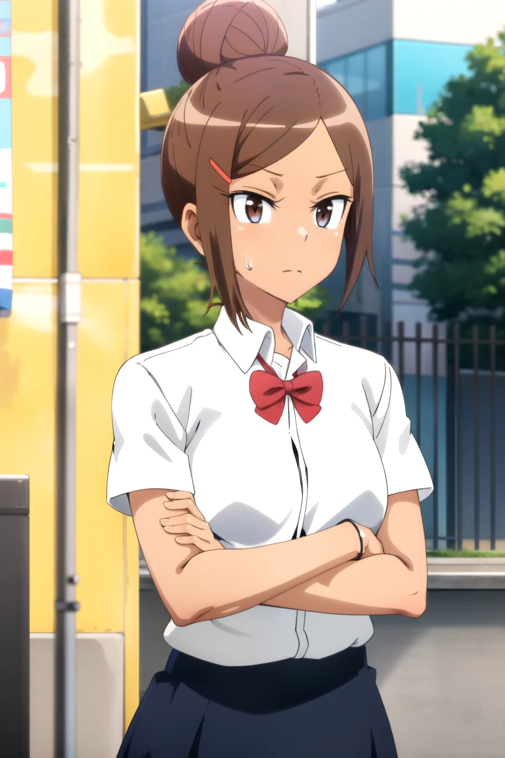 (ayaka uehara), is tall body, is tall, long legs, mature female, mature, adults, simple background
newts_ dumbbells on pers_ is nice, 1 girl, Alone, black cock, brown eyes, school uniform, arm-crossed, hair ornament, Black Skin, dark-skinned women, hair clip, hair is nice, single hair is nice, sweat, bow, shirt, watch viewers, short hair, day, skirt, in gold, white shirt, outdoor, null, Short sleeve, cloud, day焼け, upper body, chest, Anime Coloring