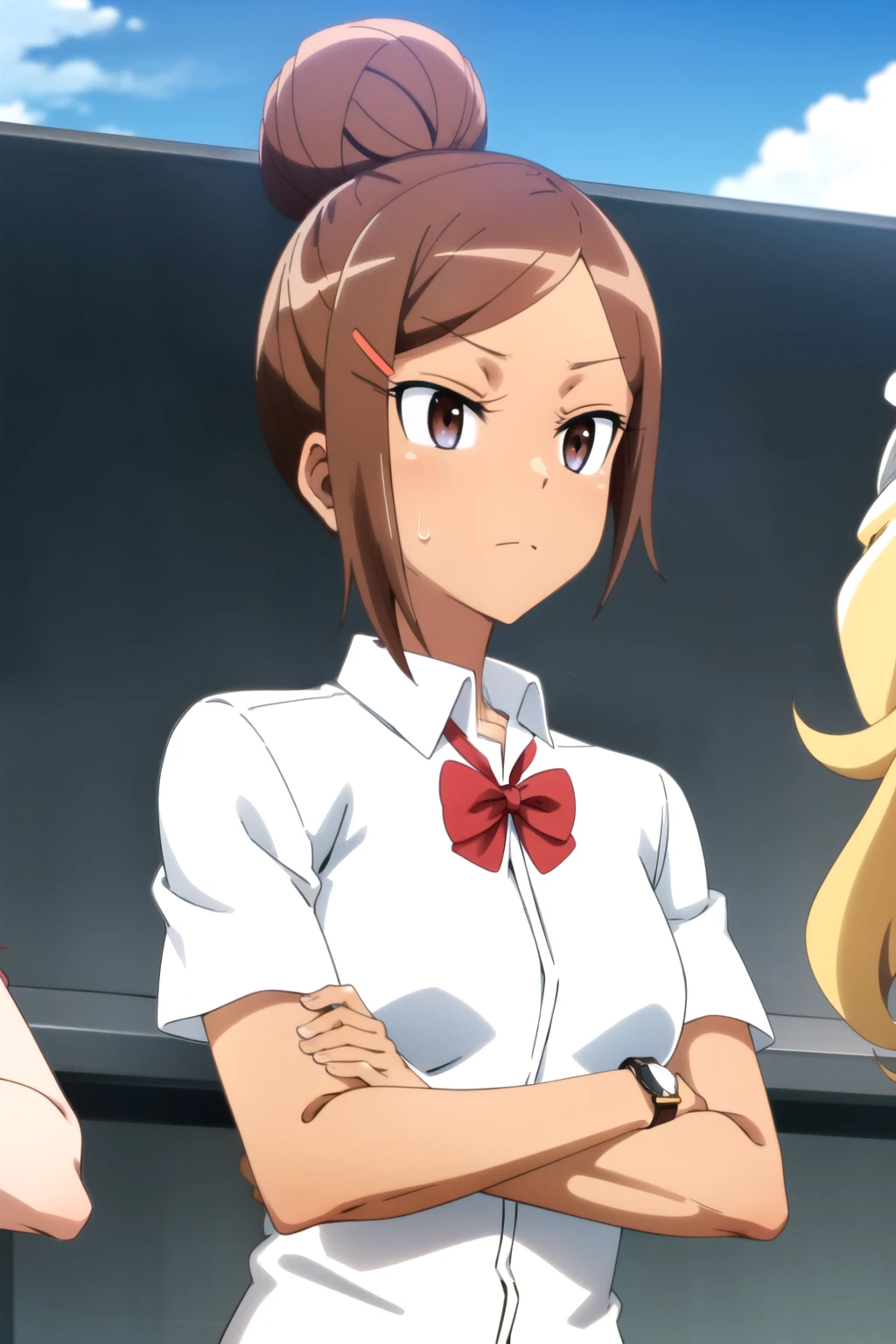(ayaka uehara), is tall body, is tall, long legs, mature female, mature, adults, simple background
newts_ dumbbells on pers_ is nice, 1 girl, Alone, black cock, brown eyes, school uniform, arm-crossed, hair ornament, Black Skin, dark-skinned women, hair clip, hair is nice, single hair is nice, sweat, bow, shirt, watch viewers, short hair, day, skirt, in gold, white shirt, outdoor, null, Short sleeve, cloud, day焼け, upper body, chest, Anime Coloring