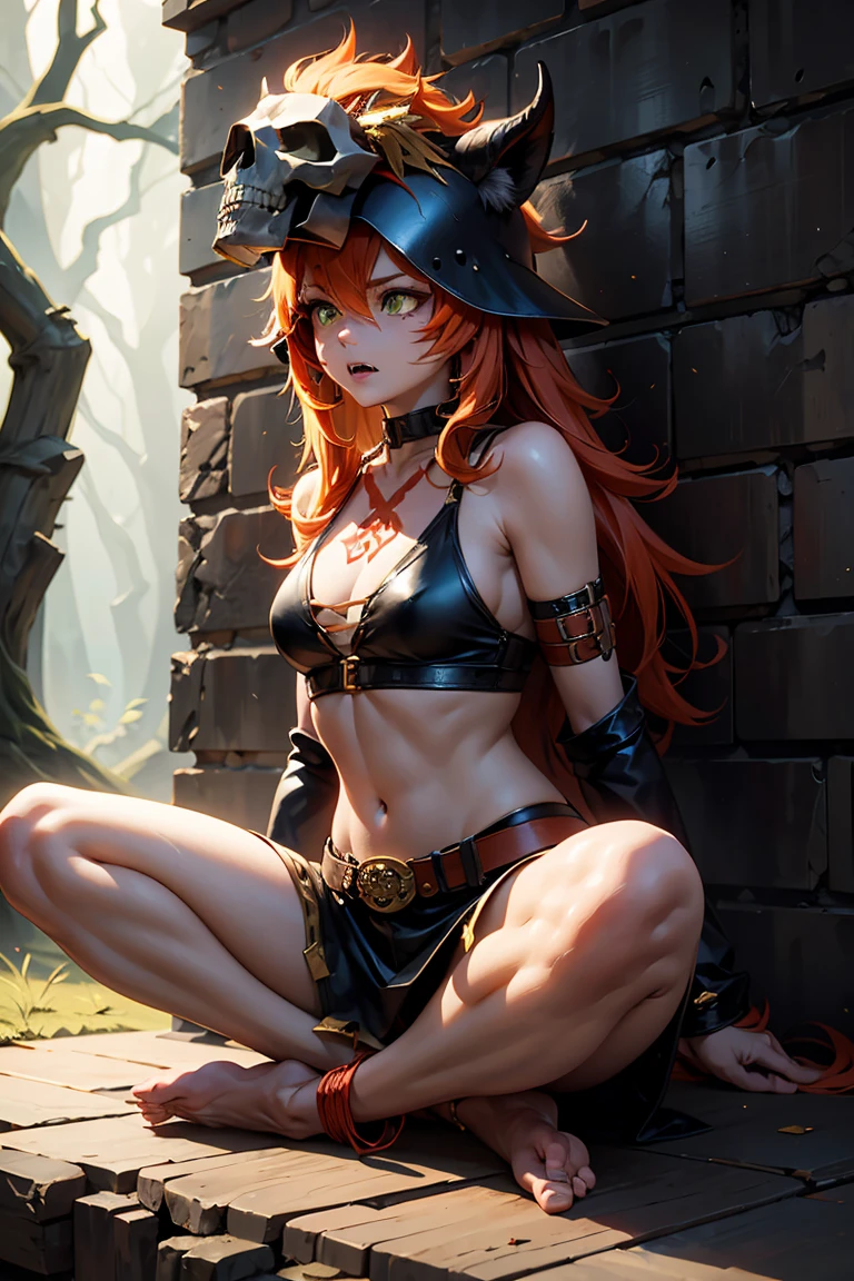 8k, masterpiece, best quality, realistic, higly detailed, cowboy shot, 1girl, solo, miku, emotionless looking girl, medium-length red hair, strands of hair hanging over the right side of her face, a set of wireless headphones that have a triangle-shaped logo on the ear cups around her neck, dark blue eyes, average height, well-endowed figure, large breasts, bangs cover her right eye, Norse Goddess